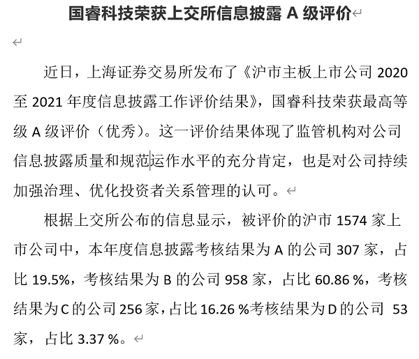 國睿科技榮獲上交所信息披露A級評價